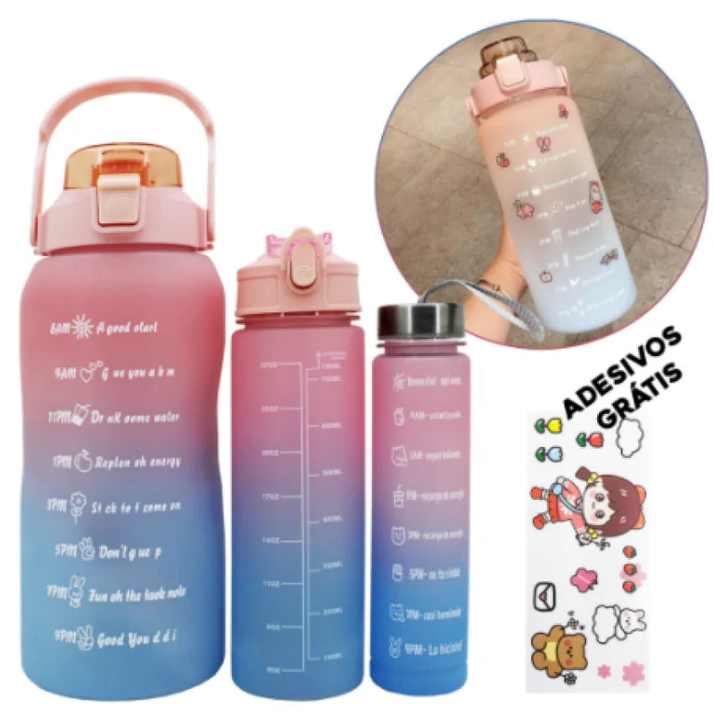 Kit com 3 Garrafas de Água - Academia e Dia a Dia (2L + 900ml + 300ml)