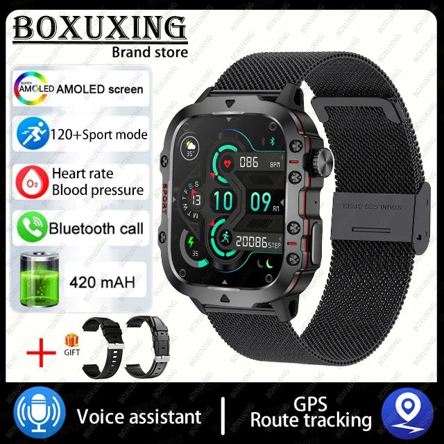 Smartwatch Militar 2024 com Tela AMOLED 1.96" – Design Robusto, GPS, Bluetooth Call e Monitor de Saúde!