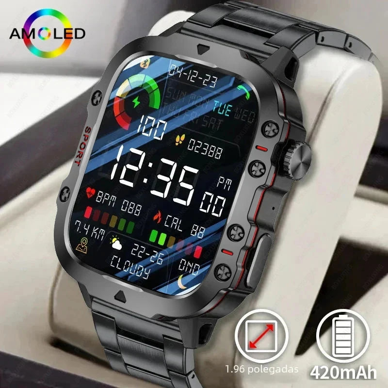 Smartwatch Militar 2024 com Tela AMOLED 1.96" – Design Robusto, GPS, Bluetooth Call e Monitor de Saúde!